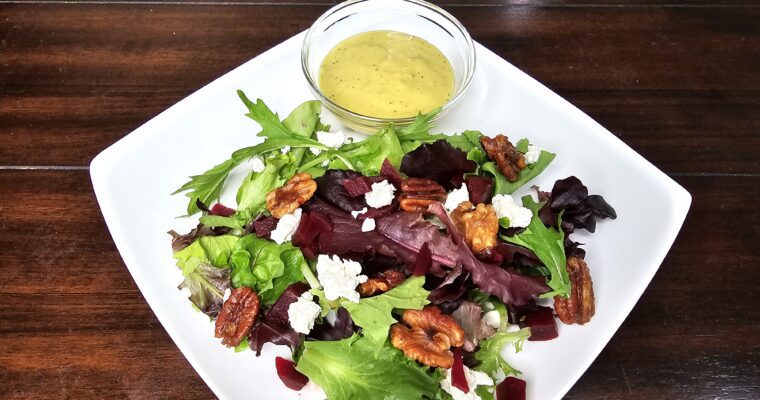 Beet & Goat Cheese Salad with Candied Pecans & Walnuts and Creamy Dijon Vinaigrette