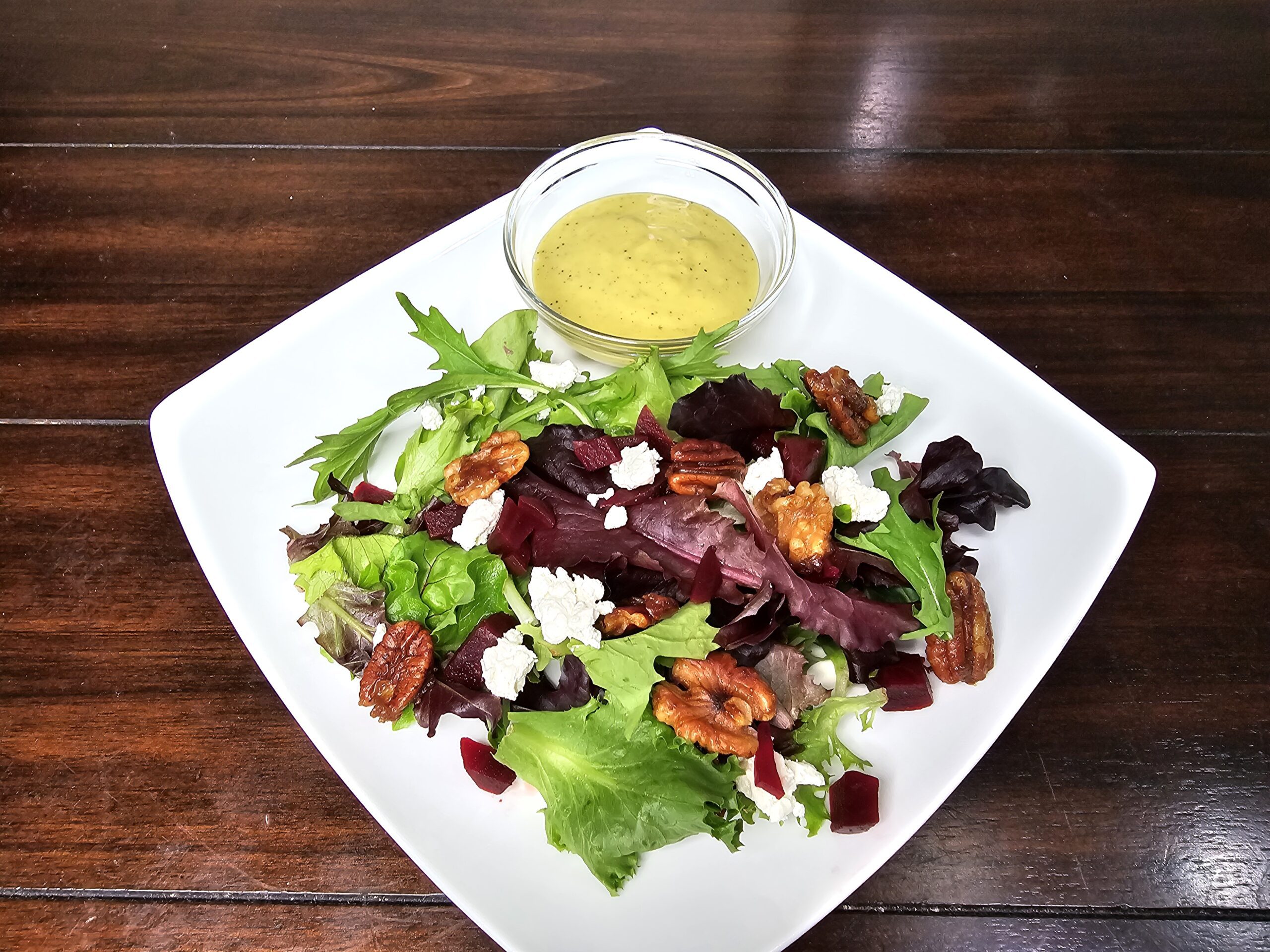 Beet & Goat Cheese Salad with Candied Pecans & Walnuts and Creamy Dijon Vinaigrette